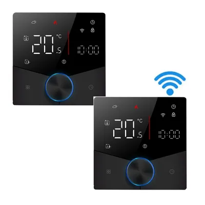 Obrázek produktu pro 2X Smart Tuya WiFi termostat, digitální LED pokojový termostat s hlasovým ovládáním pro 3A kotel s podlahovým vytápěním a stmívatelnou barvou světla Programovatelný kompatibilní s Tmall Genie, Amazon Google Home, černý