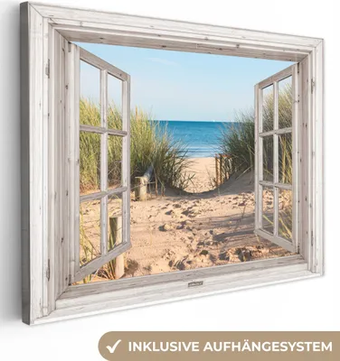 Produktbild von MuchoWow® - Leinwandbilder - Durchblick - Strand - Meer - Dünen - Sand - Wasser - Hochgras, Wandbild, Wanddeko Bilder Wohnzimmer, 80x60cm
