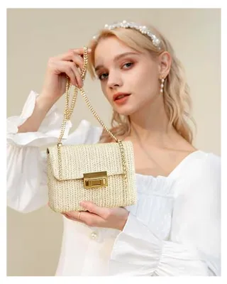 Produktbild von Strandtasche Damen, Häkeltasche Stroh Clutch, Damen Stroh Clutch Sommer, Tragetasche Gewebte Handtasche für Hochzeitsfeier, Damenreisen und Urlaub