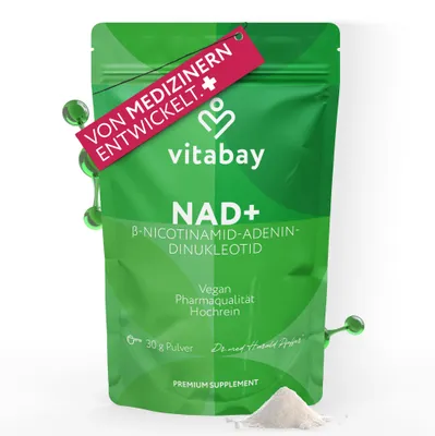Produktbild von Vitabay NAD+ Pulver 500 mg – 30 g – β-Nicotinamid-Adenin- Dinukleotid 98%