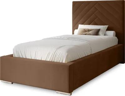 Produktbild von Polsterbett Aura 90x200 cm, Bett mit Kopfteil, Doppelbett mit Bettkasten, Lattenrost und Matratze aus Holz, Velourstoff: Dunkelbraun