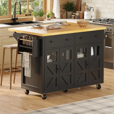 Produktbild von Kücheninsel mit großem Stauraum, mobiler Servierwagen mit ausziehbarer Arbeitsplatte, 5 Rollen, 2 Bremsrollen, MDF und Metall, Schwarz
