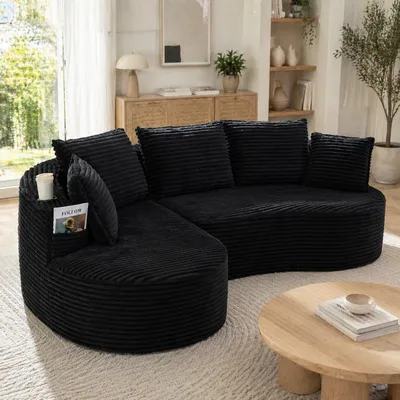 Productafbeelding van Gebogen bankstel van corduroy, 250x152x82 cm, met bekerhouders en zijvakken. Moderne, gebogen bank met kussens, geschikt voor de woonkamer, slaapkamer of het kantoor