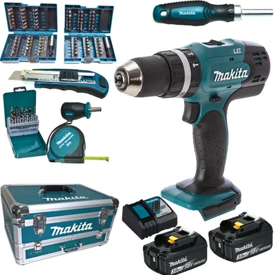Produktbild von Makita Akku-Schlagbohrschrauber 18 V 3,0 Ah im Alukoffer inkl. 96-tlg. Zubehörset DHP453RFX2