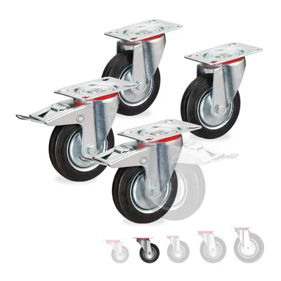 Produktbild von Relaxdays Schwerlastrollen 4er Set, drehbar, Kugellager, 2 Rollen mit Bremse, Tragkraft bis 280kg, Rad D: 100mm, schwarz