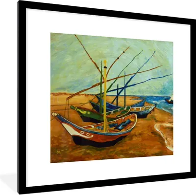 Produktbild von MuchoWow® Gerahmtes Poster Fischerboote am Strand - Vincent van Gogh 40x40 cm - Poster mit Schwarzem Bilderrahmen Wandposter Rahmen Foto Bilder - Poster - Plakat im Rahmen