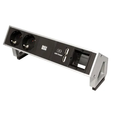 Obrázek produktu pro Bachmann DESK 2, 0,2 m, Hliník, Černá, Nerezová ocel, 2 AC zásuvky / AC zásuvek, 239,2 mm