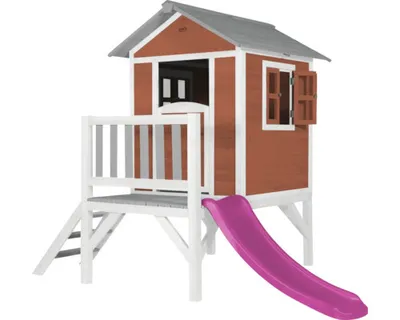 Immagine prodotto di AXI Beach Lodge XL Casetta rosso con scivolo viola | Casa per bambini su palafitte con veranda in legno  | Parco giochi per il giardino