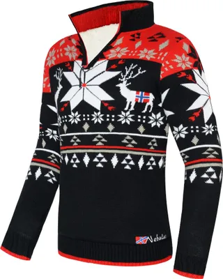 Produktbild von Nebulus Norweger Strickpulli mit Teddyfell FRIA Herren, gefütterte Jacke , warm und flauschig , P4718 - Herren, schwarz-rot, XXL