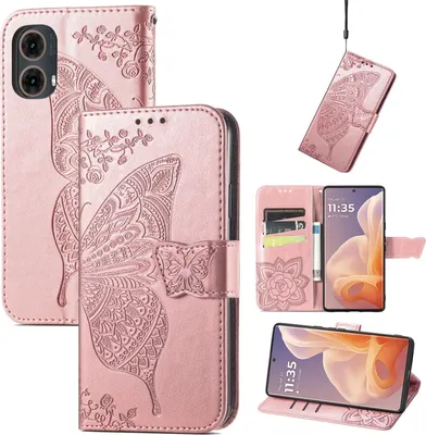 Produktbild von Für Motorola Moto G85 Kunstleder Wallet Handy Tasche Schmetterling Design Hülle Etuis Rosa