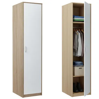 Produktbild von Kleiderschrank mit 1 Tür, 1 Kleiderstange und 2 Einlegeböden Garderobenschrank 45 cm breit Schrank schmal matte Oberfläche sonoma weiß