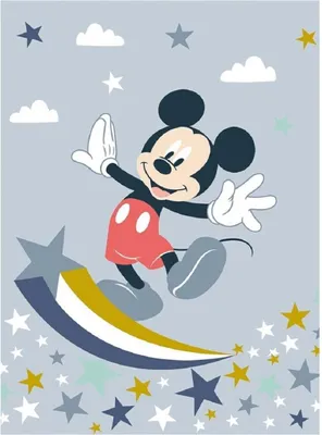 Mickey Mouse is depicted in a dynamic pose, appearing to surf on a rainbow-colored star against a background filled with stars and clouds.