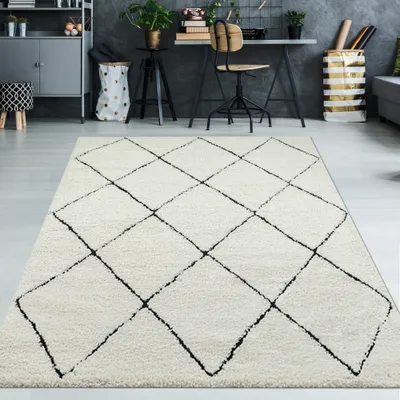 Image de Tapis élégant à motif losange noir et blanc - Dimensions : 200 x 290 cm