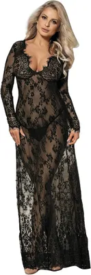 Produktbild von Schwarzes Spitzenkleid für Damen mit langen Ärmeln und V-Ausschnitt, geeignet als Cocktail- oder Abendkleid