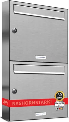 A product shot of a two-compartment stainless steel mailbox mounted on a wall.