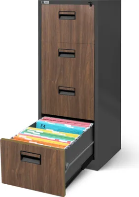 A filing cabinet with one drawer open, revealing colorful files.