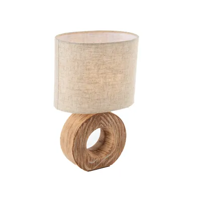 Produktbild von Honsel - Landhaus I Vintage Moderne Tischleuchte I Tischlampe I Lampe I Leuchte mit Holzprint und beigem Schirm - Meau I Wohnzimmer I Schlafzimmer - Keramik Rund - LED geeignet E14