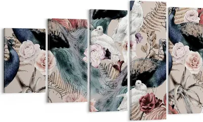 Produktbild von Bild auf Leinwand - Leinwandbild - 5 Teile - Pfauen Squab Flamingos - 100x60cm - Wand Bild - Wanddeko - Wandbilder - Leinwanddruck - Bilder - Wanddekoration - Leinwand bilder - EG100x60-4890