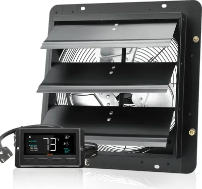 Zdjęcie produktu dla SucceBuy Wentylator wyciągowy 356 mm z żaluzją, silnik EC 1024 CFM, naścienny z regulowaną prędkością z kontrolą temperatury i wilgotności, wentylacja szklarni, garaży, szop