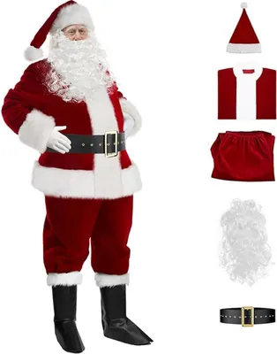 Immagine prodotto di Costume da Babbo Natale per uomo completo per adulti Abito di velluto natalizio con cappello da Babbo Natale Giacca di Natale Costumi in maschera, uomo, set da 5 pezzi, taglia unica