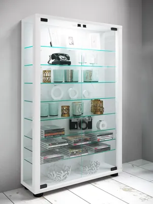 Produktbild von VCM Glasvitrine stehend | Vitrine Glas mit ESG-Sicherheitsglas | Maße ca. H. 90 x B. 59 x T. 18 cm | Standvitrine Glas | Modern und platzsparend | Glas Vitrinenschrank – Lumo Mini