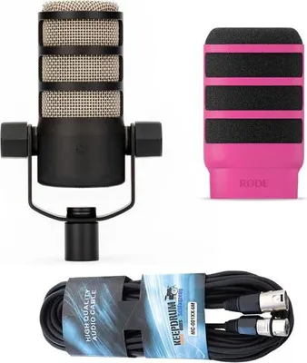 Produktbild von Rode Mikrofon Podmic mit WS14P Popschutz Pink und Kabel