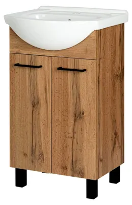 Produktbild von Badmöbelset 50 cm mit Keramik-Waschbecken und Unterschrank mit Tür – Flexibel montierbar, stilvolles Design in Schwarz und Holz-Laminat