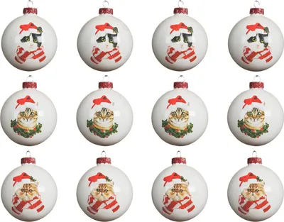Produktbild von Weihnachtskugeln Glas mit Katzen Motiv 8cm weiß, 12er Set
