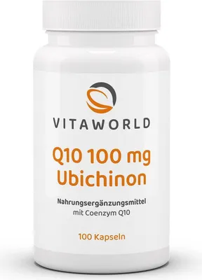 Produktbild von Vitaworld Q10 100 mg Ubichinon | 100 Kapseln | natürliches Coenzym Q10 hergestellt durch Hefe-Fermentation | vegan