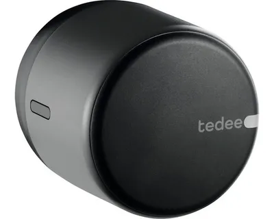 A black smart lock device is shown against a white background.