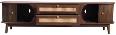 Image de Meuble TV bas avec côtés en rotin - Meuble TV - Style moderne - Portes et tiroirs - 170 x 46 x 39,5 cm - À monter - Noyer foncé