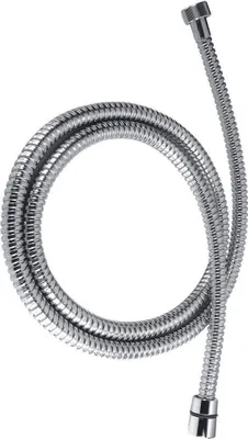 A coiled silver shower hose on a white background.