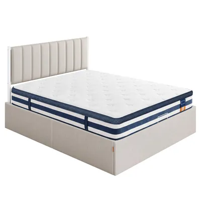 Produktbild von VASAGLE 7-Zonen Taschenfederkernmatratze und Polsterbett Set, Hochklappbar mit Stauraum, 140 x 200 cm, Blau und Beige