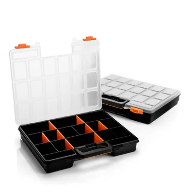 Produktbild von BigDean 2 Stück Sortimentskasten stapelbar 38x33x6cm praktische Sortierbox mit 16 Fächern – Werkzeugkoffer leer Organizer Box Sortierkasten- Italy