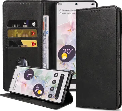 Image de Housse de téléphone portable compatible avec Google Pixel 6 Pro Housse en similicuir avec fermeture magnétique et porte-cartes Book Case - Noir