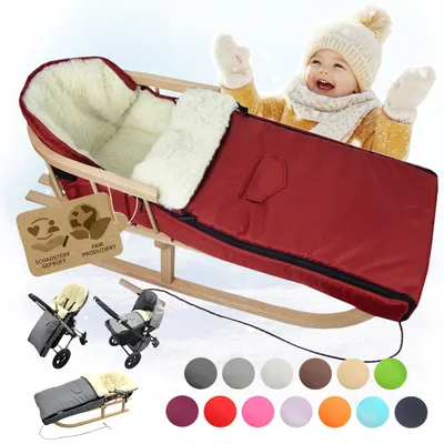 Produktbild von BAMBINIWELT HOLZSCHLITTEN mit Rückenlehne (90cm) + WINTERFUßSACK (108cm) Kinderwagen WOLLE bordeaux