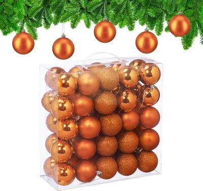 Image de Lot de 50 boules de Noël Relaxdays, en plastique, diamètre : 6 cm, décorations rondes pour sapin de Noël, décorations incassables, orange