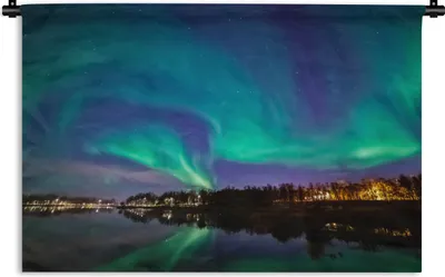Produktbild von MuchoWow® Wandteppich Wandbehang Nordlichter - Wasser - Reflexion - Norwegen 90x60 cm Tapisserie Dekoration Wandtuch - Wandskulpturen - Bildteppich