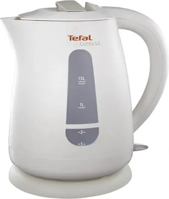 A white electric kettle with water level indicators.