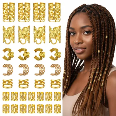 Produktbild von 120 goldene Haarschmuckstücke, Haarperlen, Dreadlock-Schmuck, Piratenstil, verstellbare Haarringe, Loc-Schmuck, Stirnbänder, Haaranhänger aus Metall, Haarperlen, Haaraccessoires, Loc-Haarschmuck zum Flechten