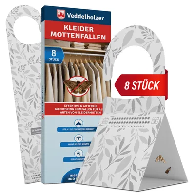 Produktbild von Veddelholzer 8X Kleidermotten Falle Mottenfalle gegen Kleidermotten im Kleiderschrank Dreiecksfalle mit Haken & Klebefläche Geruchslos & Giftfrei