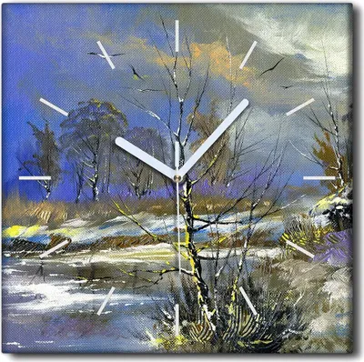 Produktbild von Coloray Uhr auf Leinwand 30x30 cm Wand Uhr Dekoration Wohnzimmer Segeltuch weiße Zeiger -Winterwaldlandschaft.