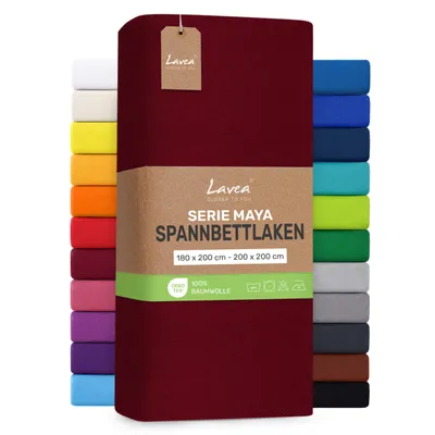 Zdjęcie produktu dla Lavea® Pościel satynowa na gumce, 180x200 cm - 200x200 cm, wzór Maya, 100% bawełna – Miękka, oddychająca pościel przeznaczona do materacy o grubości do 20 cm - kolor bordo