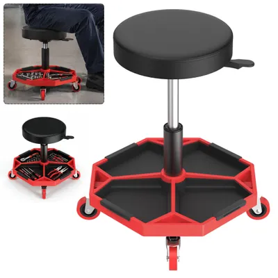 Zdjęcie produktu dla Krzesło warsztatowe XMTECH, regulowane na wysokość, 4 kółka, półka na narzędzia, wysokość 42–55 cm, udźwig 150 kg