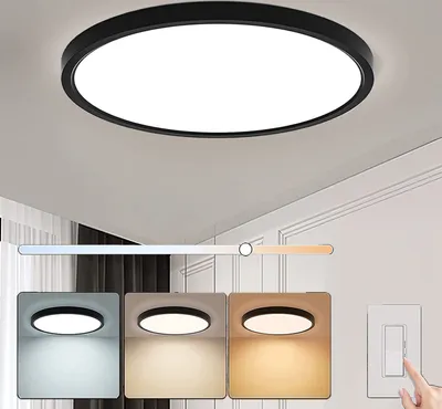A ceiling light fixture is shown with a slider indicating color temperature adjustment. Below are three examples of the light's color output, and a hand is shown interacting with a light switch on the right.