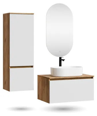 Produktbild von ARISA Badmöbel Set inkl. Hochschrank in Weiß - Mit LED Spiegel und weißem Keramik-Aufsatzwaschbecken 55 cm
