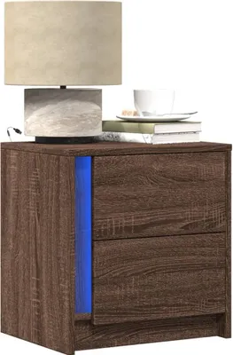 Obrázek produktu pro vidaXL Noční stolek s LED světly Hnědý materiál na bázi dřeva ve vzhledu dubu