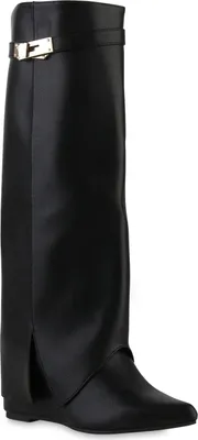 Produktbild von VAN HILL Damen Gefütterte Keilstiefel Stiefel Spitze Boots Schnallen Schuhe 841794, Farbe: Schwarz, Größe: 37