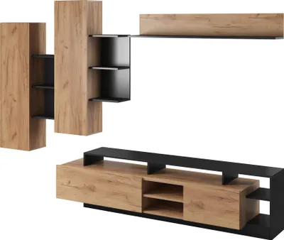 Produktbild von Furniture24 Wohnwand ALVA 260 cm breit Anbauwand Lowboard 2 Hängeschrank Hängeregal Wohnzimmer Anthrazit/Craft EIche gold