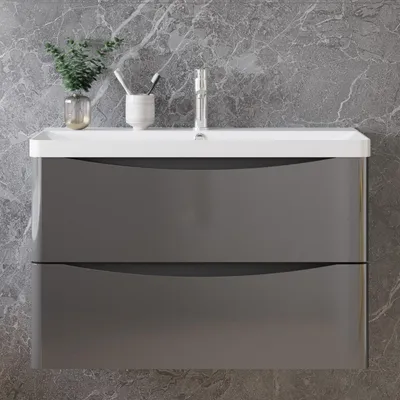 Produktbild von Badezimmerschrank 50cm Mineralguss Waschtisch mit Unterschrank Hochglanz Anthrazit Badmöbel Set mit Soft-Close